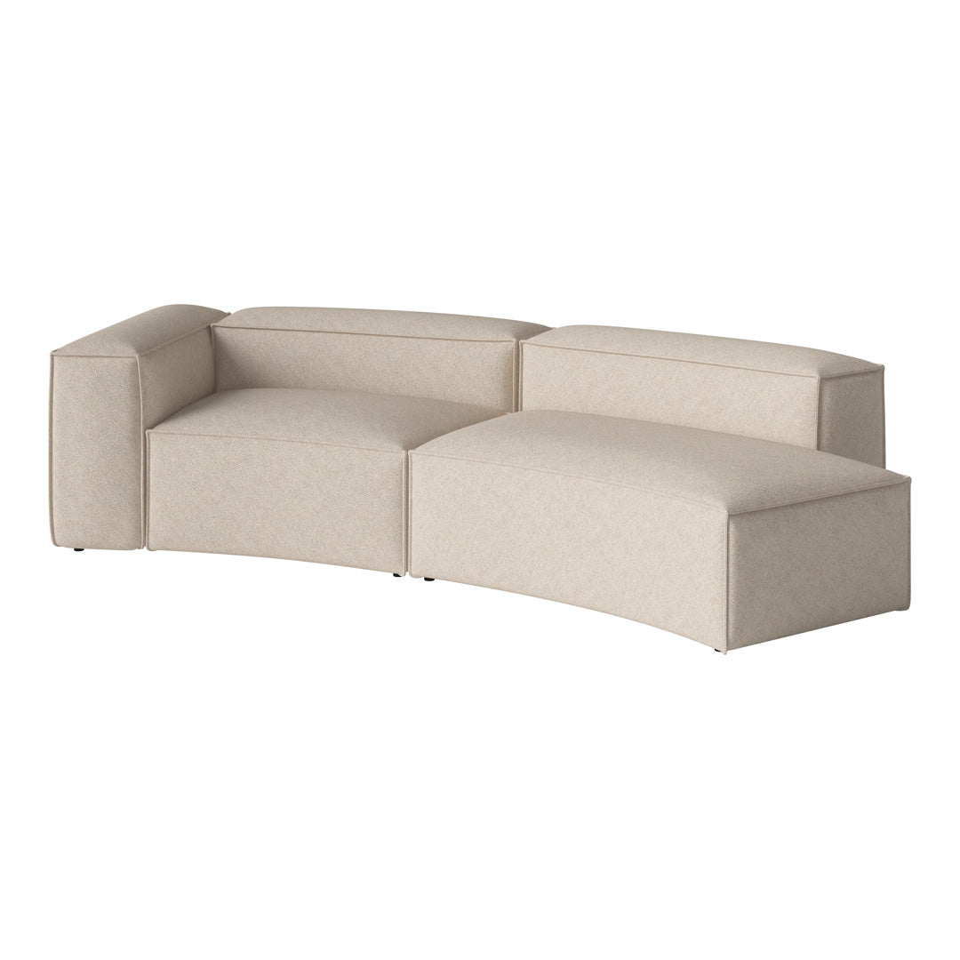 Beige curved sectional sofa with a textured fabric, featuring a minimalist design and subtle pattern.