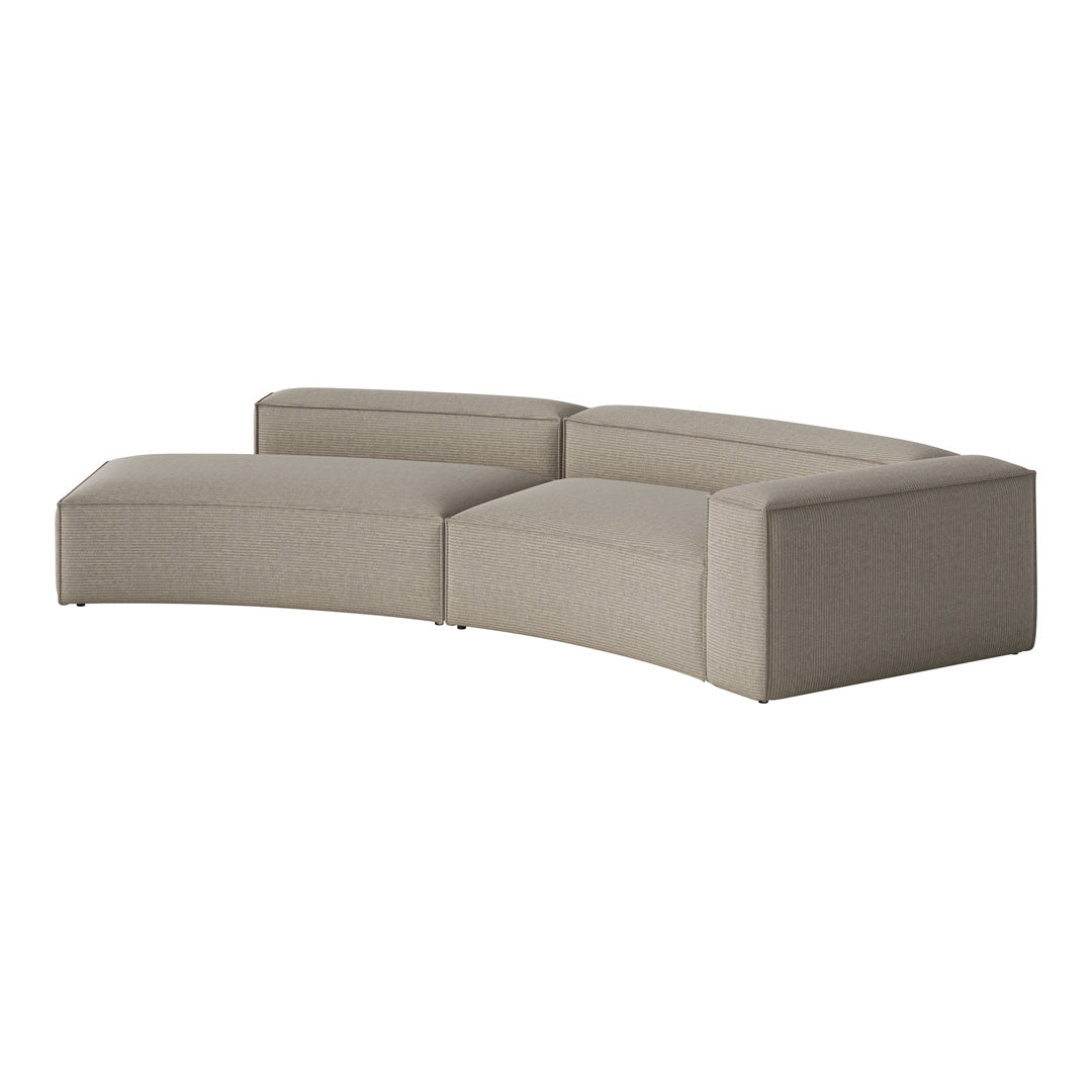 Curved sectional sofa in soft beige fabric with subtle textured pattern for a modern living space.
