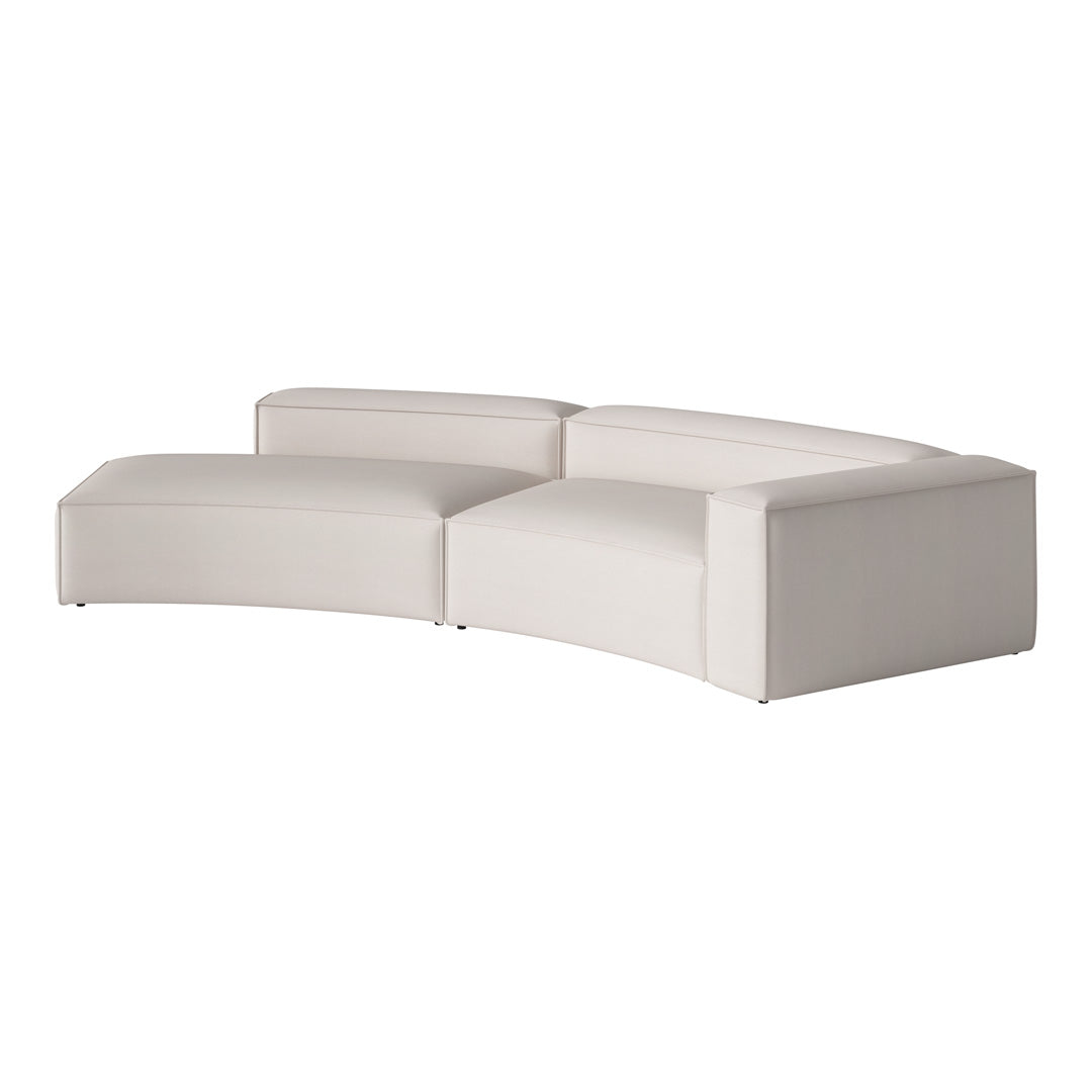 Curved, modern sofa in soft white upholstery with a sleek, minimalist design. Ideal for contemporary living spaces.
