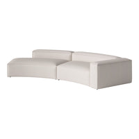 Curved, modern sofa in soft white upholstery with a sleek, minimalist design. Ideal for contemporary living spaces.