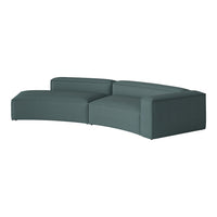 Curved teal sofa with a smooth, textured fabric and minimalist design, enhancing modern living spaces.
