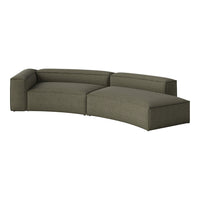 Curved sectional sofa in muted olive green with a subtle striped pattern. Modern design for stylish living spaces.