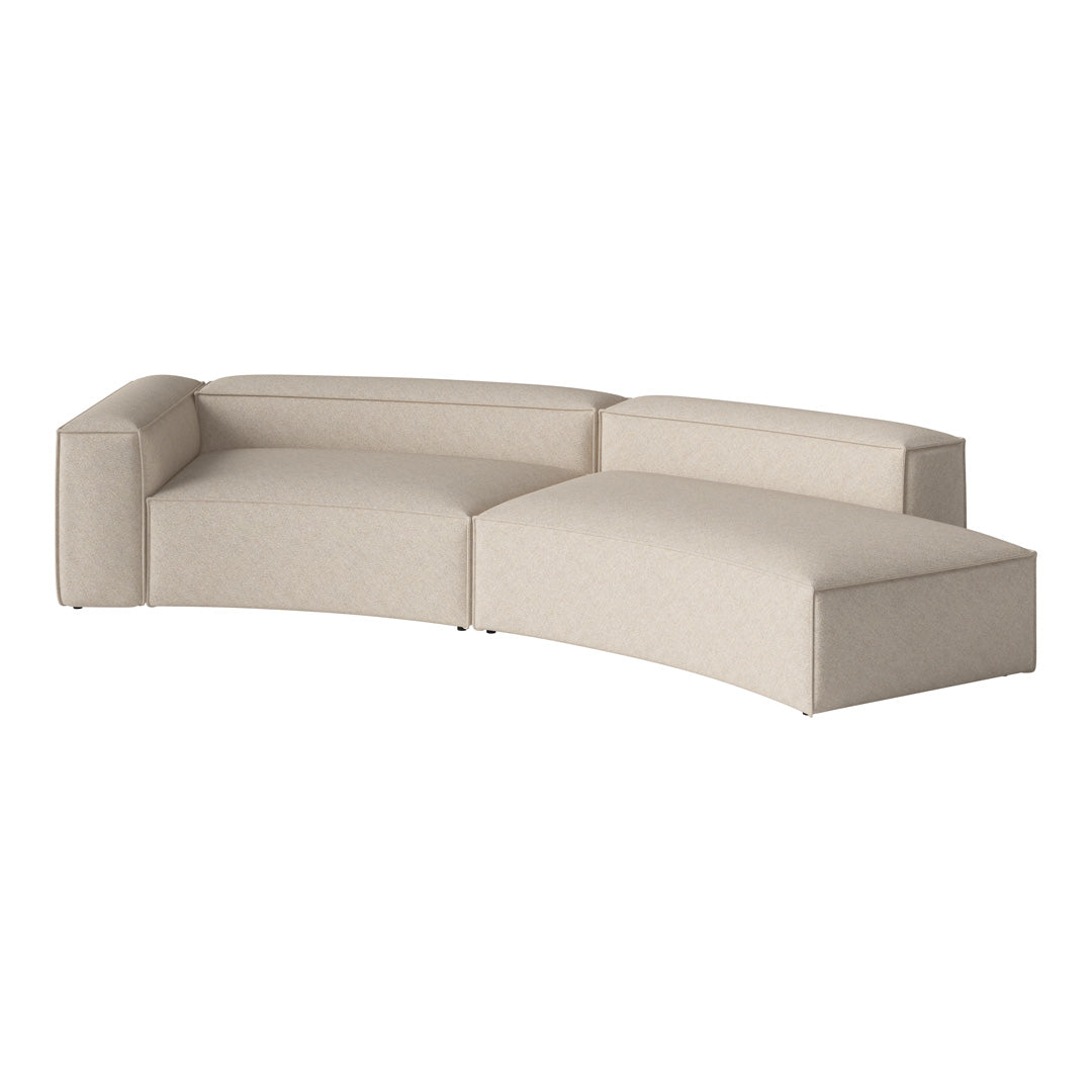 Light beige curved sofa with a subtle woven texture, perfect for modern living spaces.