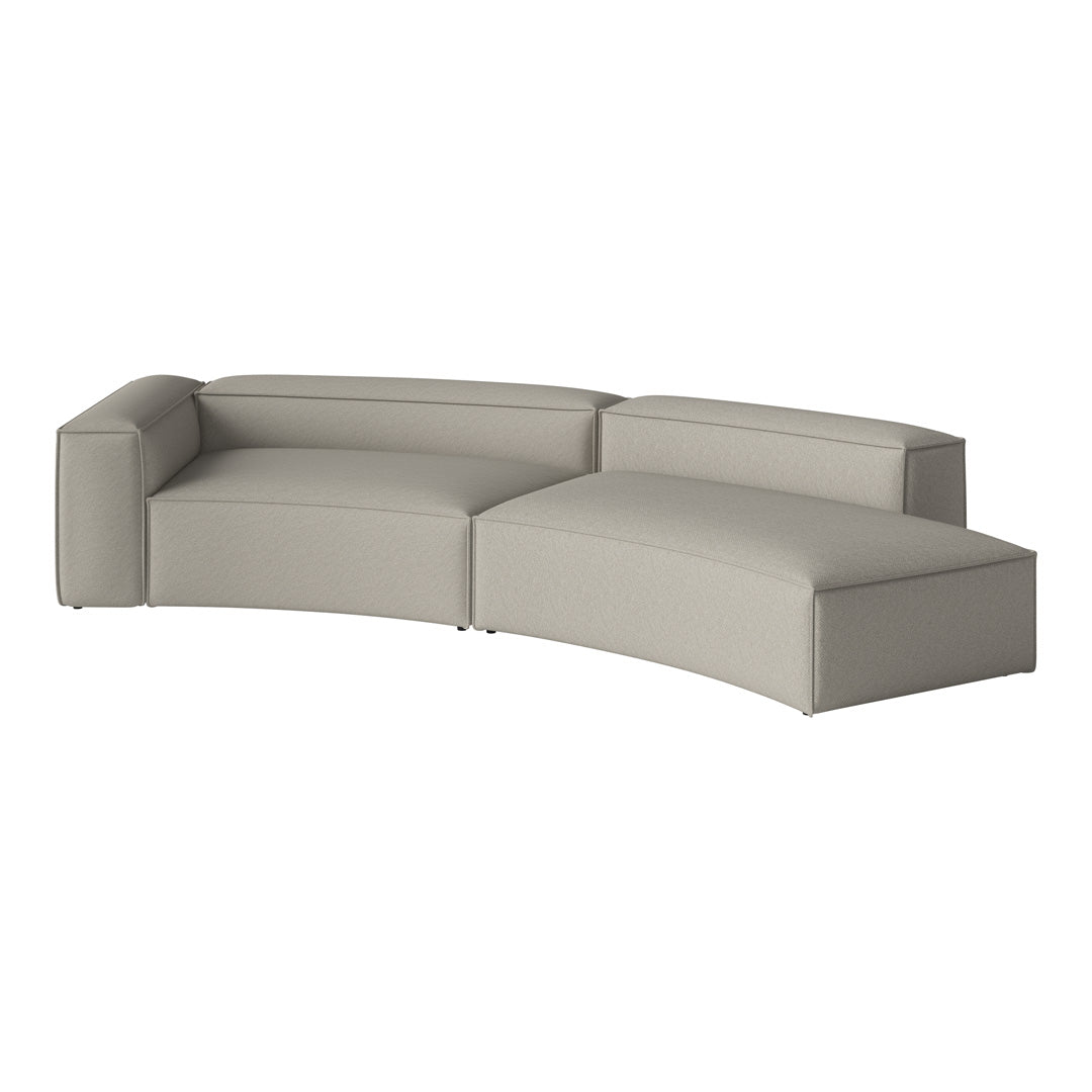 Modern curved sofa in soft light gray fabric with a subtle textured pattern, ideal for contemporary living spaces.