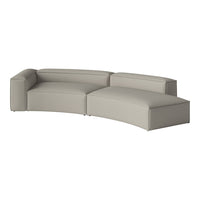 Modern curved sofa in soft light gray fabric with a subtle textured pattern, ideal for contemporary living spaces.