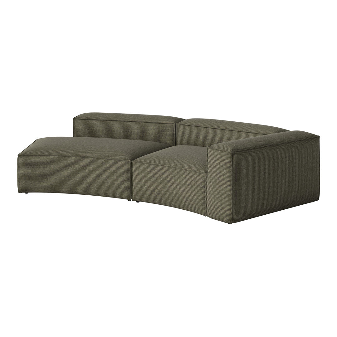 Curved modern sofa in muted olive green with subtle textured stripes for a stylish, contemporary look.