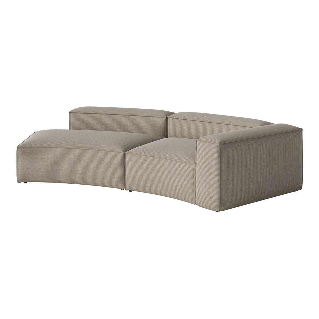 Curved sectional sofa in soft beige with subtle textured stripes, perfect for modern living spaces.