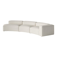 Modern curved sofa in sleek, smooth white upholstery, featuring a minimalist design and clean lines.