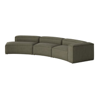 Curved sectional sofa in muted olive green with subtle textured fabric and a modern design. Perfect for contemporary spaces.