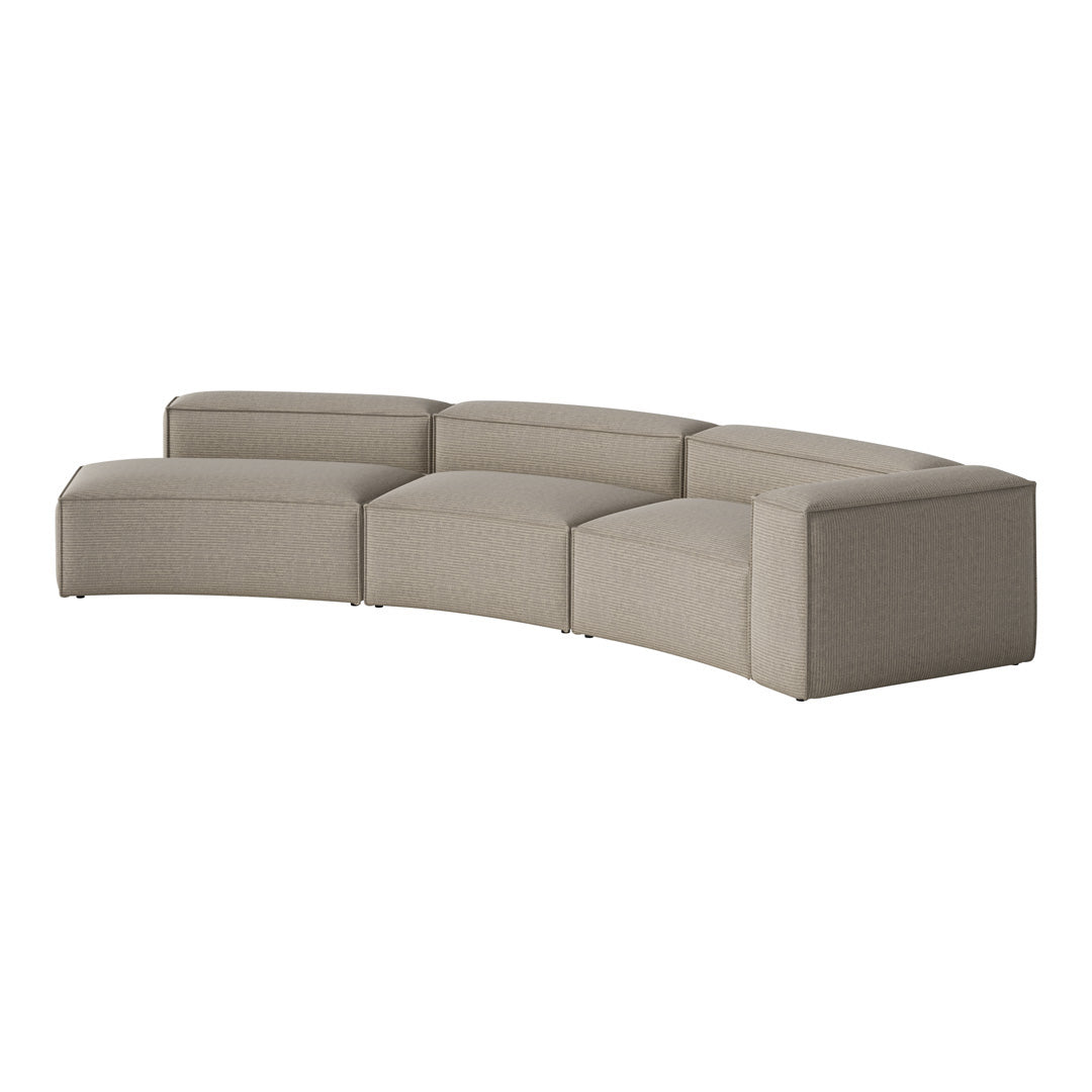 Modern curved sectional sofa in soft beige fabric with subtle textured pattern. Ideal for stylish living spaces.