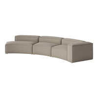 Modern curved sectional sofa in soft beige fabric with subtle textured pattern. Ideal for stylish living spaces.