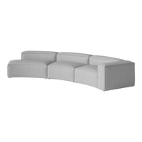 Curved modular sofa in soft light gray fabric with a smooth, textured pattern for modern living spaces.