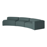 Teal curved sectional sofa with a textured fabric, featuring modern, minimalist design. Perfect for stylish living spaces.
