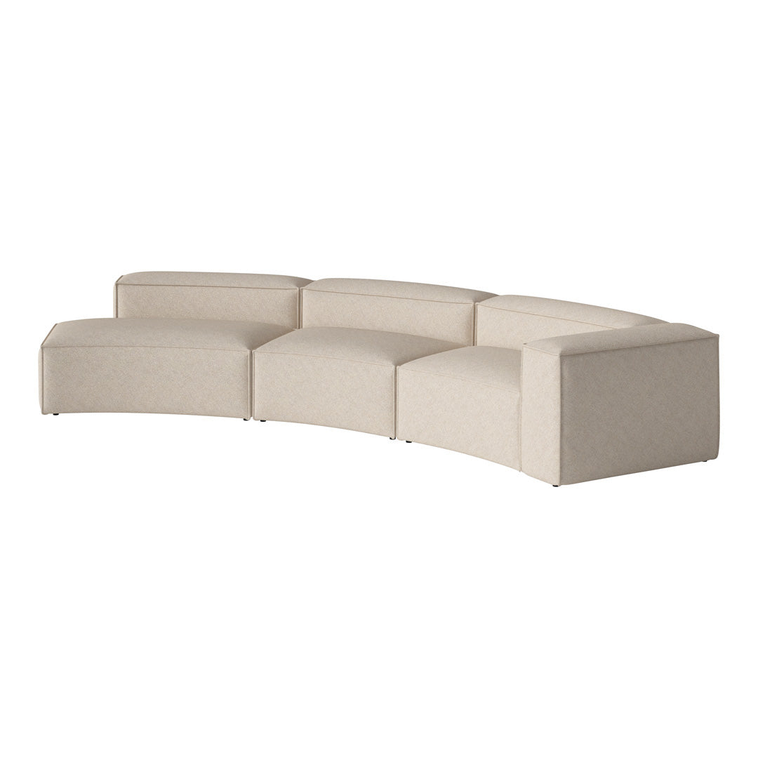 Cream-colored curved sectional sofa with a subtle textured pattern for a modern touch.