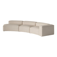 Cream-colored curved sectional sofa with a subtle textured pattern for a modern touch.