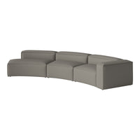 Curved modular sofa in soft grey fabric with a smooth, textured surface. Ideal for modern living spaces.