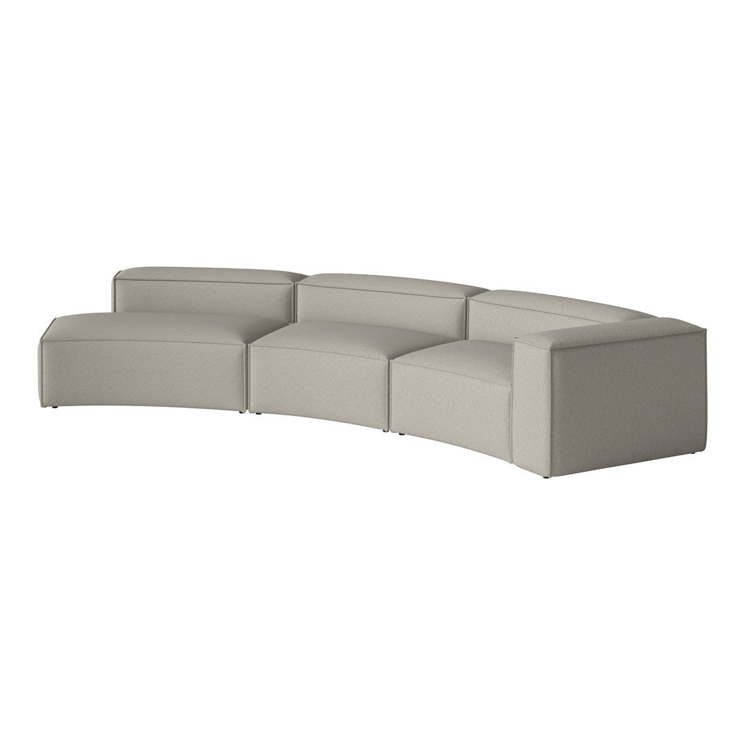 Curved sectional sofa in soft light gray fabric with a subtle textured pattern. Perfect for modern decor.