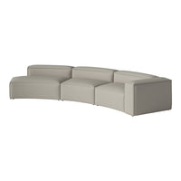 Curved sectional sofa in soft light gray fabric with a subtle textured pattern. Perfect for modern decor.