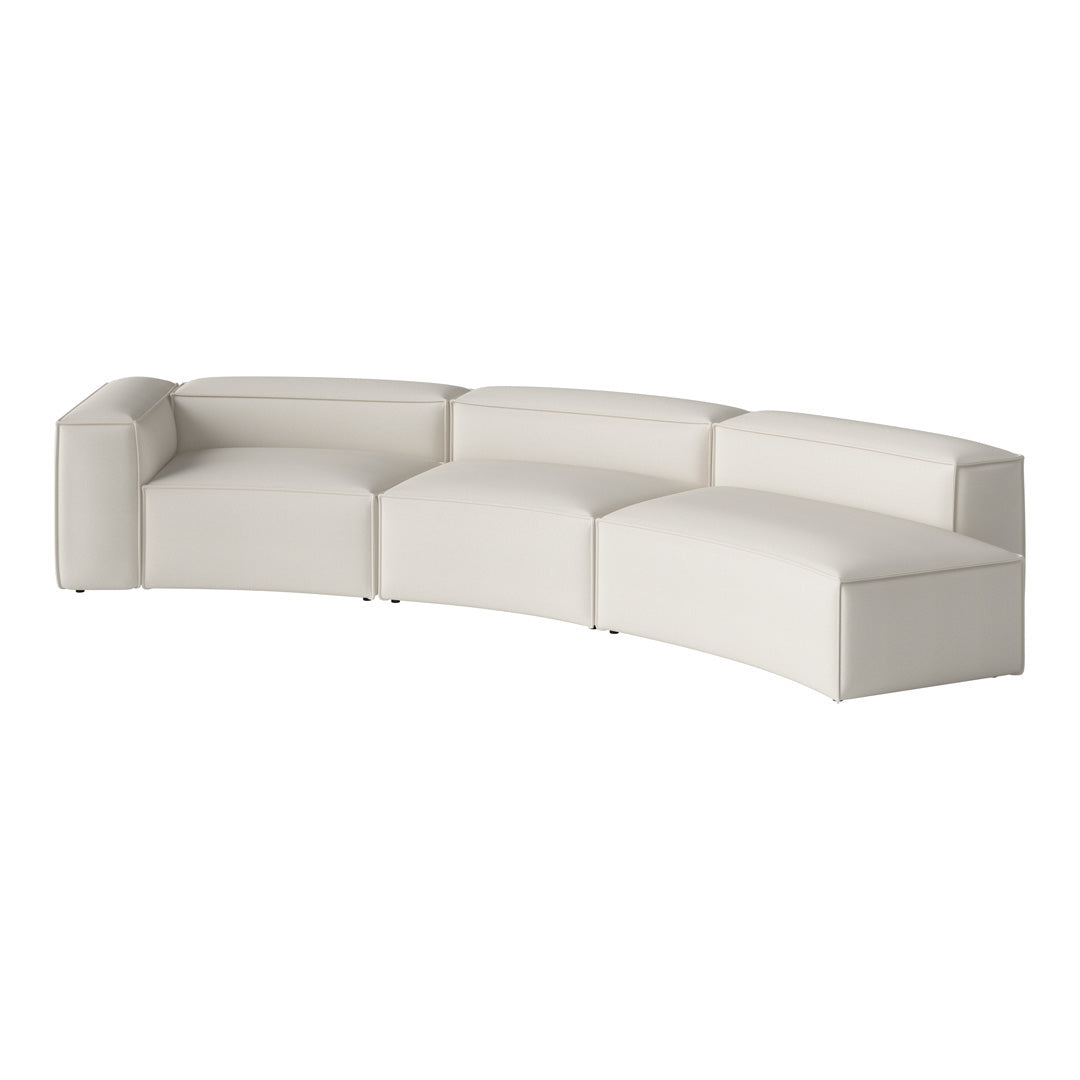 Curved modern sofa in a clean white color with smooth, minimalist design and subtle texture details.