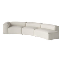 Curved modern sofa in a clean white color with smooth, minimalist design and subtle texture details.