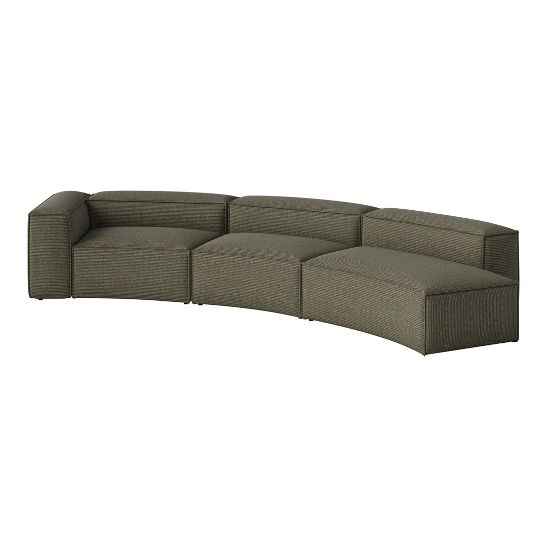 Curved sectional sofa in muted olive green with subtle textured pattern for a modern touch in any living space.