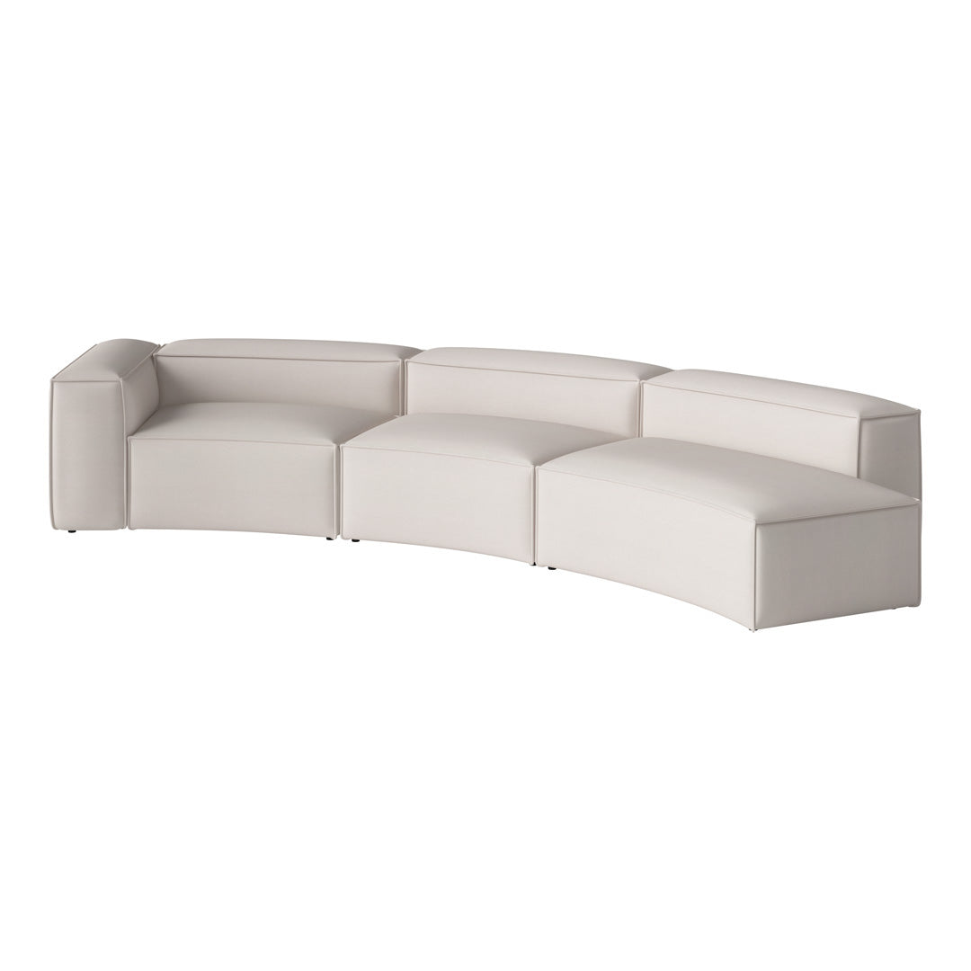 Curved sectional sofa in soft, light beige upholstery with a smooth, minimalistic design. Perfect for modern spaces.