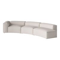 Curved sectional sofa in soft, light beige upholstery with a smooth, minimalistic design. Perfect for modern spaces.