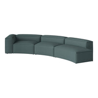 Curved teal sectional sofa with a textured fabric, featuring clean lines and a modern design. Perfect for stylish living rooms.