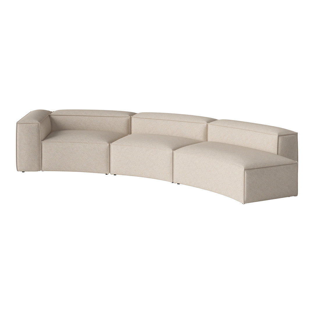 Beige curved sectional sofa with subtle textured pattern and modern minimalist design. Ideal for stylish living spaces.