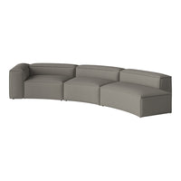 Curved gray couch with a textured pattern, featuring smooth, minimalist design elements. Perfect for modern interiors.