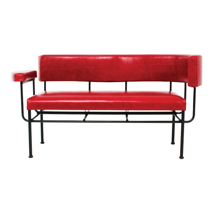 Red upholstered bench with a sleek black metal frame, featuring a modern, minimalist design. Ideal for stylish decor.