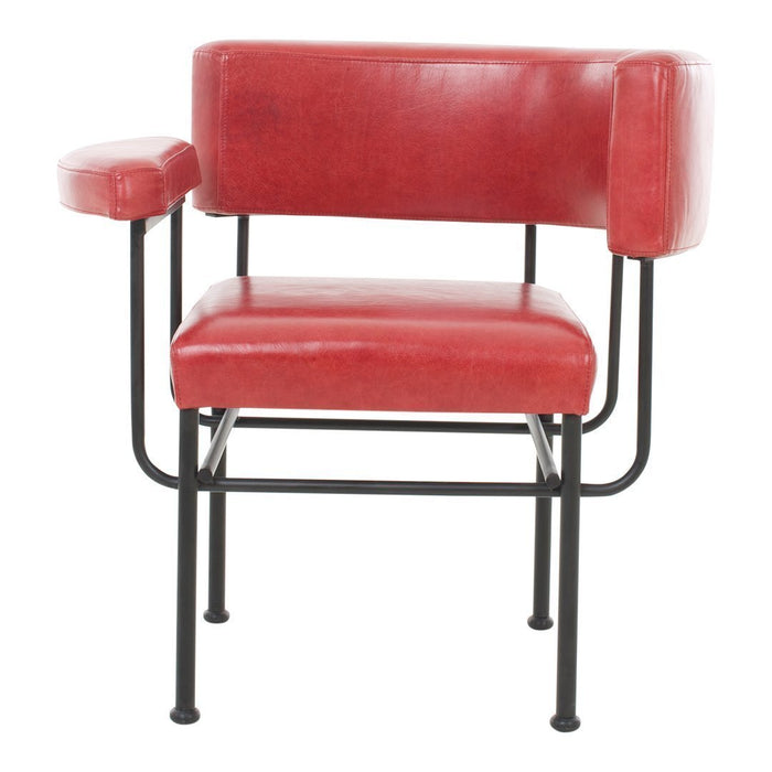 Sleek red upholstered chair with black metal frame, featuring a minimalist design and bold color contrast.