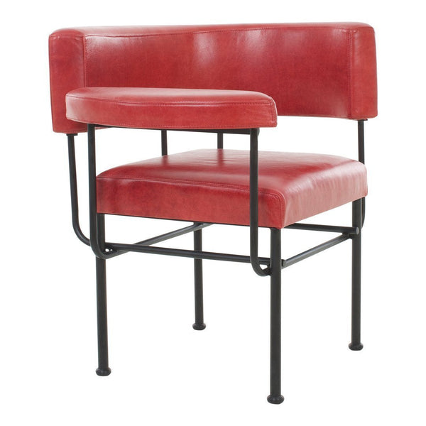 Red leather chair with sleek black metal frame, featuring a modern, minimalist design.