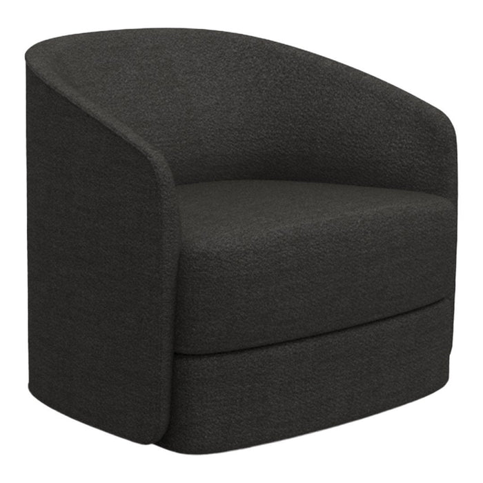 Stylish dark gray armchair with a smooth, contoured shape and minimalist design, perfect for modern decor.