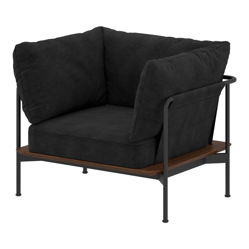Black upholstered chair with plush cushions and a sleek black metal frame, accented by a warm wooden base.
