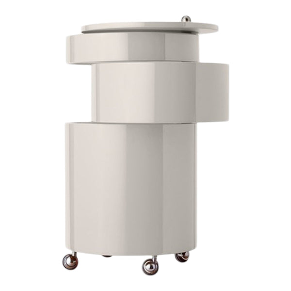 Modern white cylindrical rolling cart with a glossy finish and subtle geometric patterns. Ideal for stylish storage solutions.