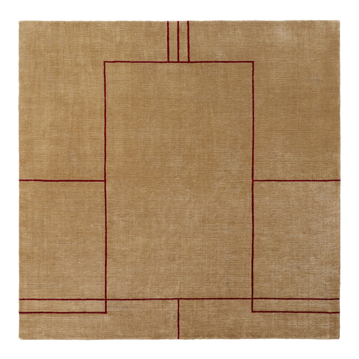 Beige rug with bold maroon geometric patterns and outlined shapes, adding a modern touch to any space.