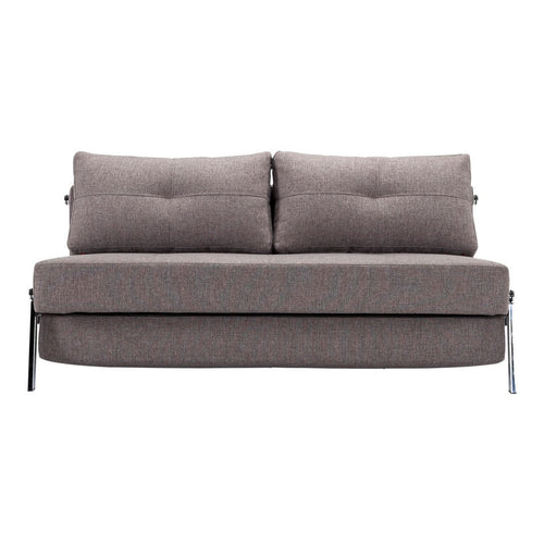 Grey textured sofa with two plush cushions, featuring a subtle pattern and sleek metal legs. Perfect for modern interiors.