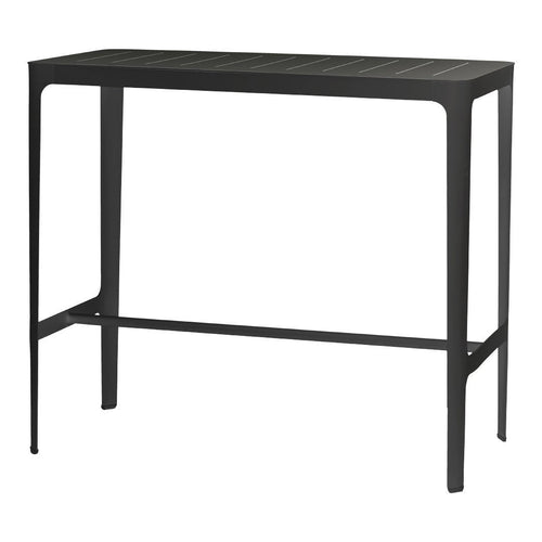 Sleek black metal bar table with a slatted top design, ideal for modern indoor or outdoor settings.