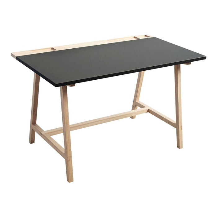 Minimalist black tabletop with natural wood legs, showcasing a modern and stylish design perfect for any workspace.