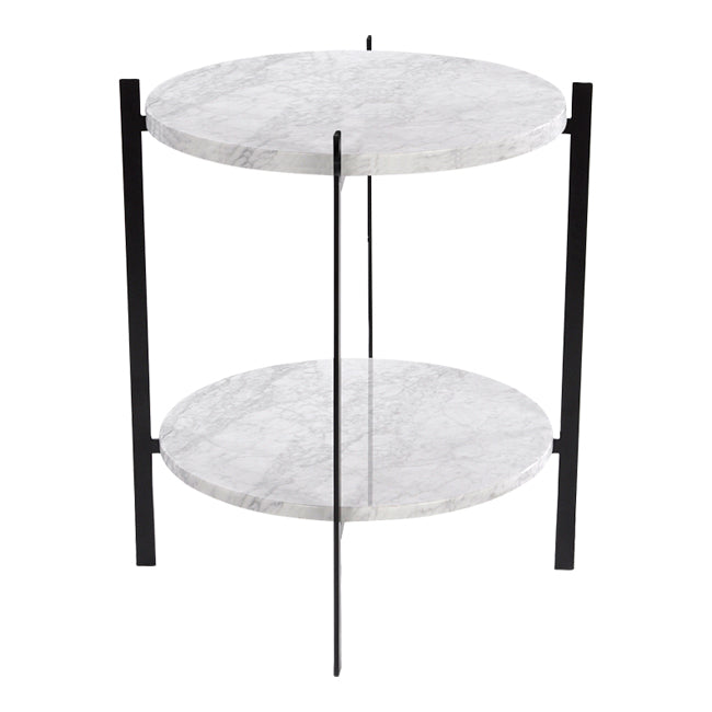 Elegant round side table with a sleek black metal frame and white marble-patterned surfaces.