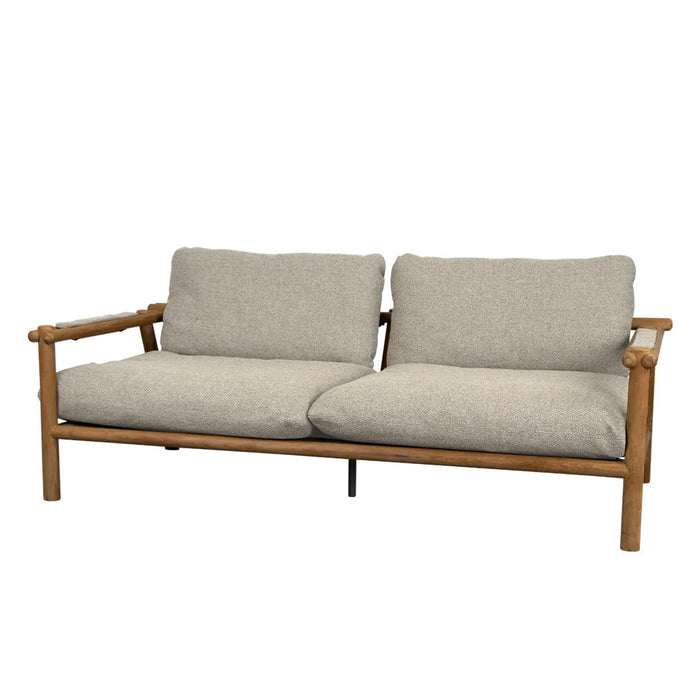 Light gray fabric sofa with a natural wooden frame, featuring a simple, modern design. Ideal for any living space.