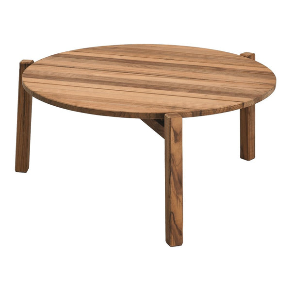 Round coffee table in natural wood tones with a smooth, striped grain pattern. Sturdy, simple design.