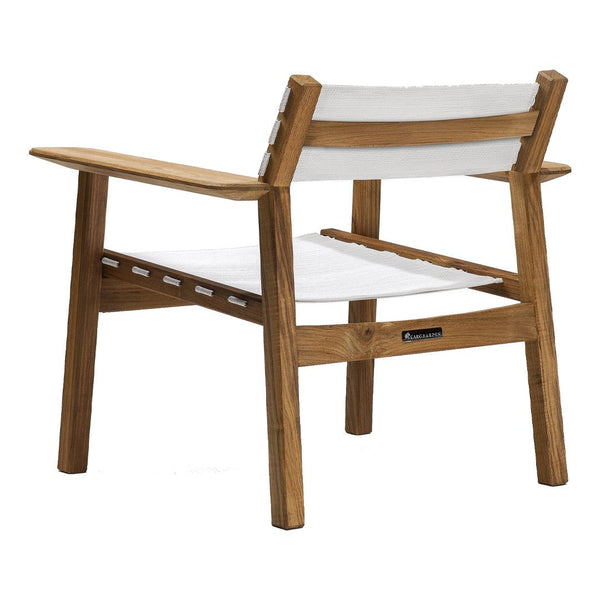 "Natural wood chair with a white canvas seat and back, featuring clean lines and a minimalist design."