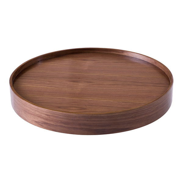 Round wooden tray in rich walnut finish with a smooth, glossy surface and subtle grain patterns. Perfect for home decor.