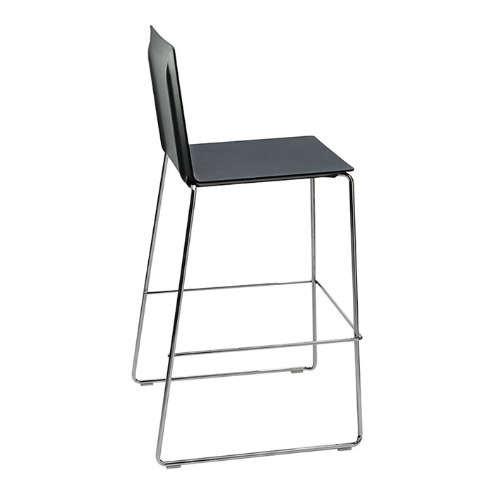 Black bar stool with a sleek, minimalist design and a chrome base. Perfect for modern decor.