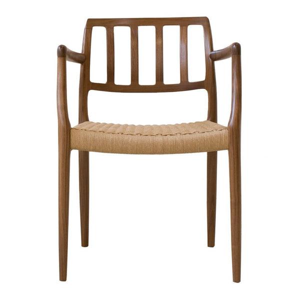 Brown wooden chair with a woven natural fiber seat and vertical slat backrest design. Simple and elegant.