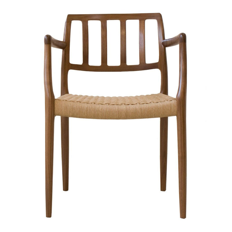 Brown wooden chair with a woven natural fiber seat and vertical slat backrest design. Simple and elegant.