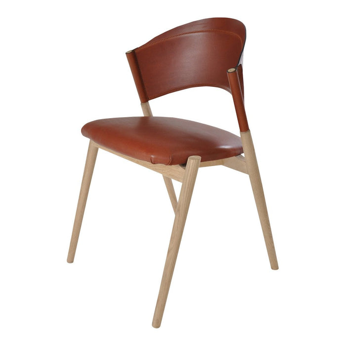 Brown leather dining chair with a smooth finish and natural wood legs, featuring a sleek, modern design.