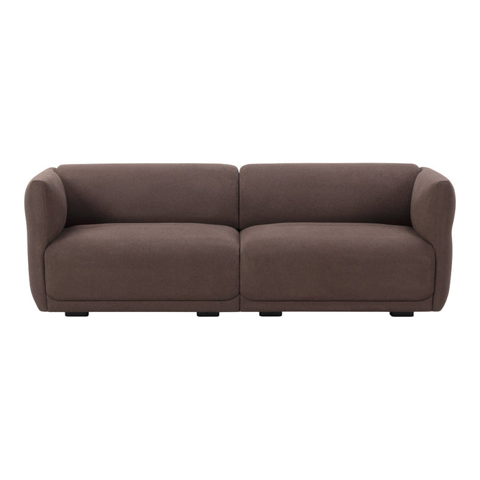 Brown upholstered sofa with a smooth, modern design and soft, rounded edges, perfect for any contemporary living space.